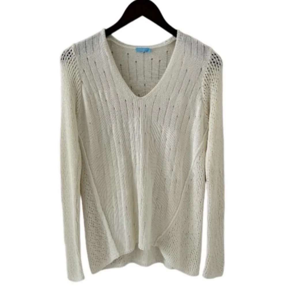 J. McLaughlin Cream V-Neck Open Stitch Long Sleeve Knit Sweater Size Small - Picture 2 of 9